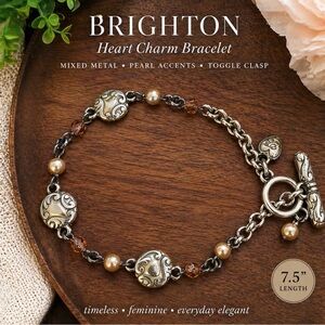Brighton Heart Charm Bracelet Mixed Metal Pearl Toggle 7.5”